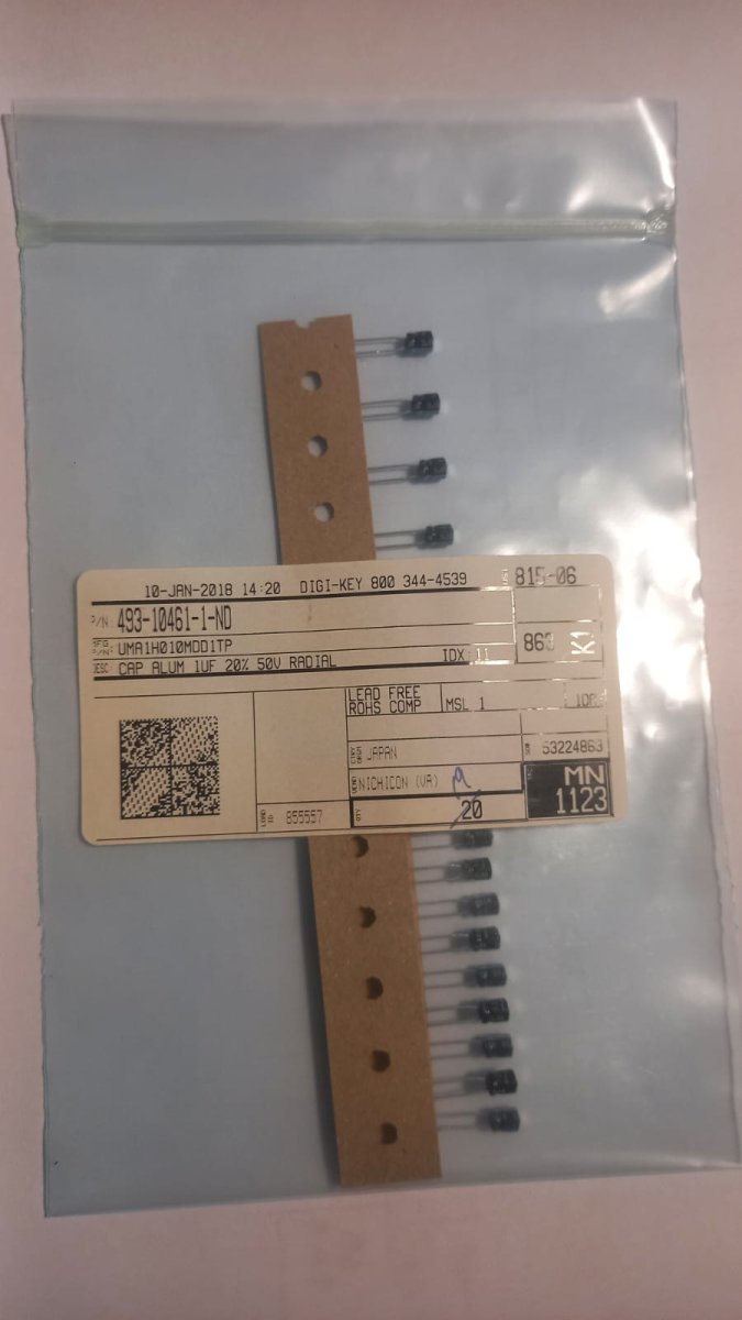 Pack x 19 unidades - 1 µF 50 V Capacitor Electrolitico Radial, 2000 Hrs @ 85°C DK493-10461-3-ND